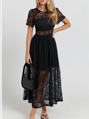 Showpo Black Short-Sleeve Lace Midi Dress